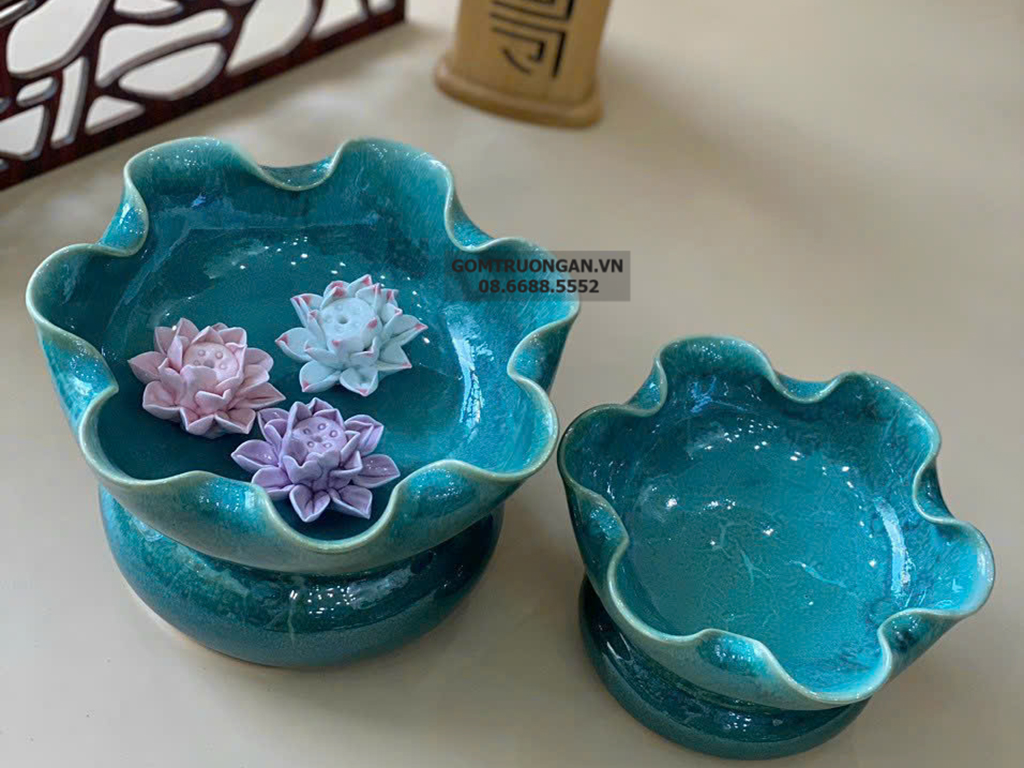 Bát thả hoa thần tài  đường kính 20cm men hỏa biến cẩm thạch kèm chân đế(không bao gồm sen sứ) 1